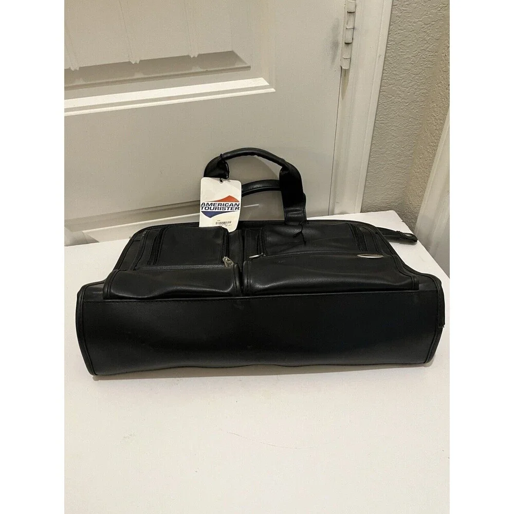 American Tourister Black Faux Leather Carry On Luggage Bag Suitcase Travel NEW